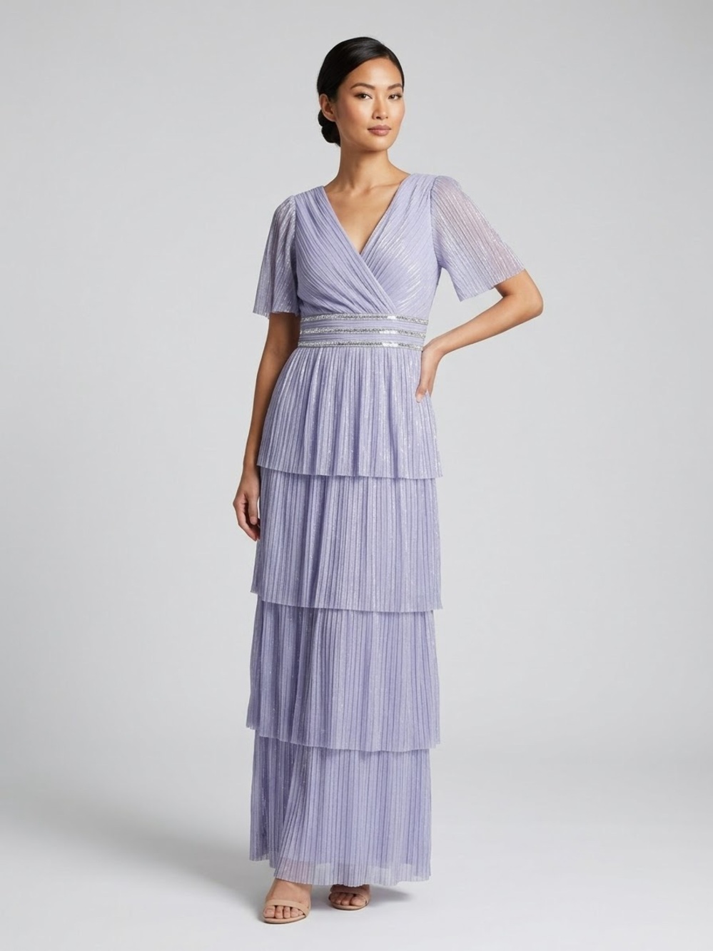 R&M Richards Lavender Tiered V-Neck Maxi Dress with Beaded Waist
